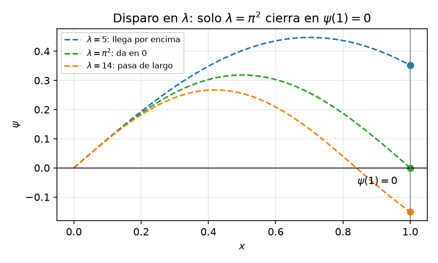 Trayectorias del disparo para tres valores de λ: solo λ = π² termina exactamente en ψ(1) = 0; por debajo llega arriba y por encima pasa de largo