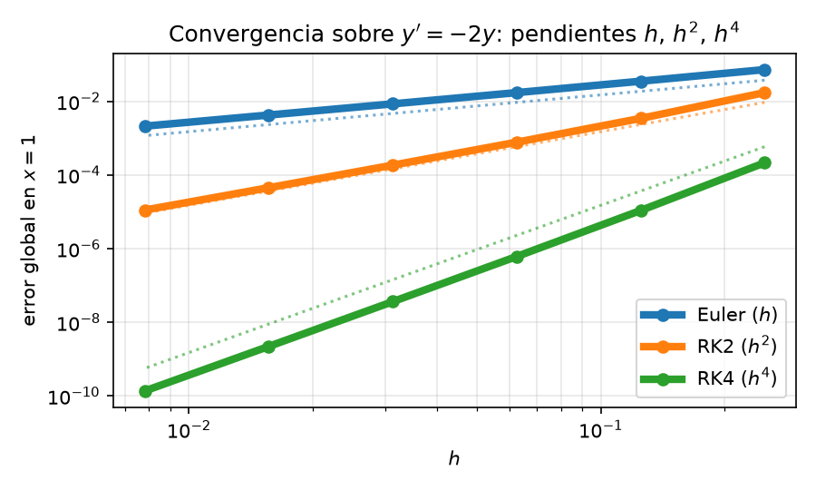 Error global en función del valor de h cuando los métodos de Euler, RK2 y RK4 integran la ecuación de prueba y' = -2 y. El gráfico está en escala log-log y las curvas punteadas tienen las pendientes h, h² y h⁴